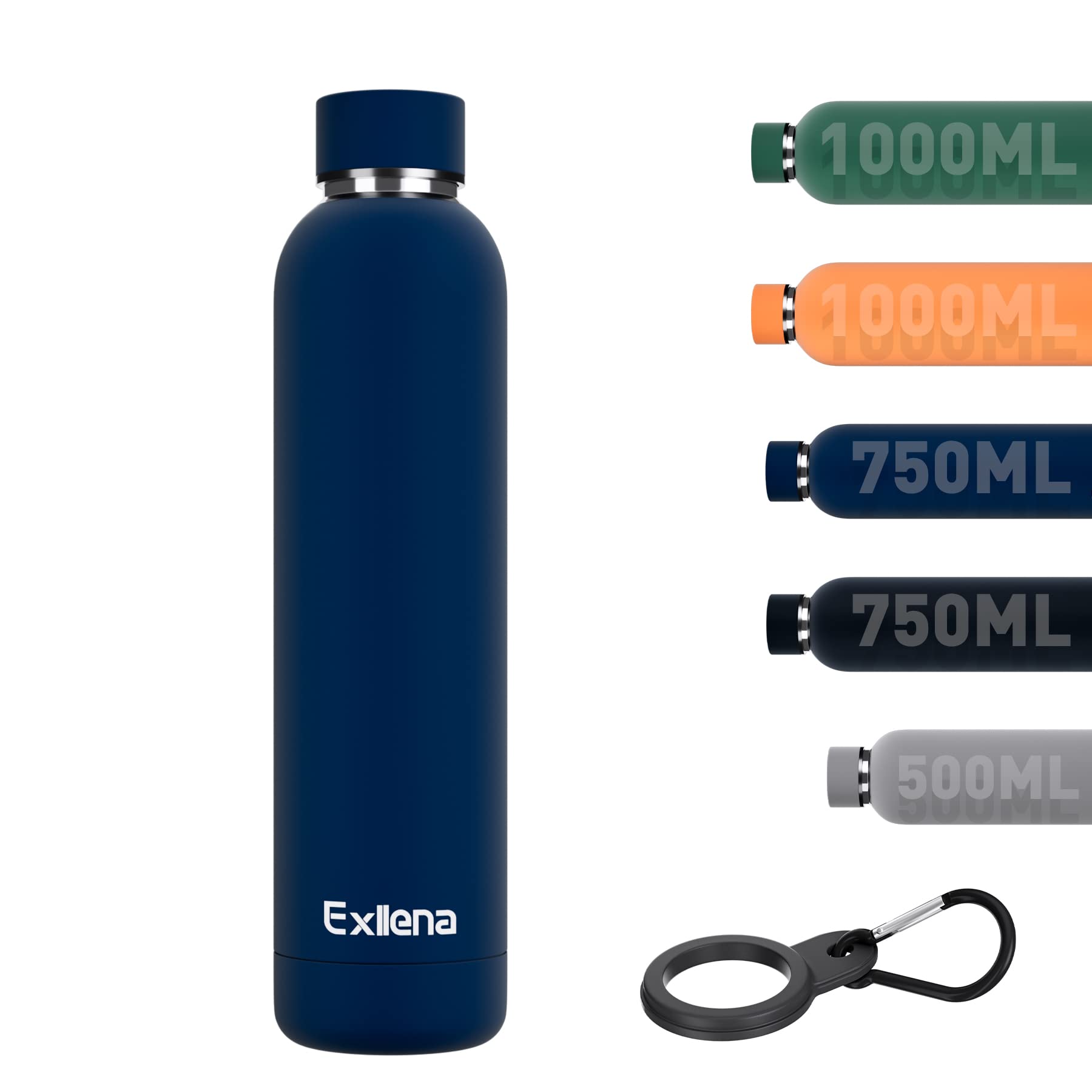Exllena Insulated Water Bottles 750ml with Clip, Double Wall Vacuum Drinks Bottle Keeps Drinks Cold 24 Hrs/Hot 12 Hrs, Stainless Steel Water Bottle BPA Free (Dark Blue)