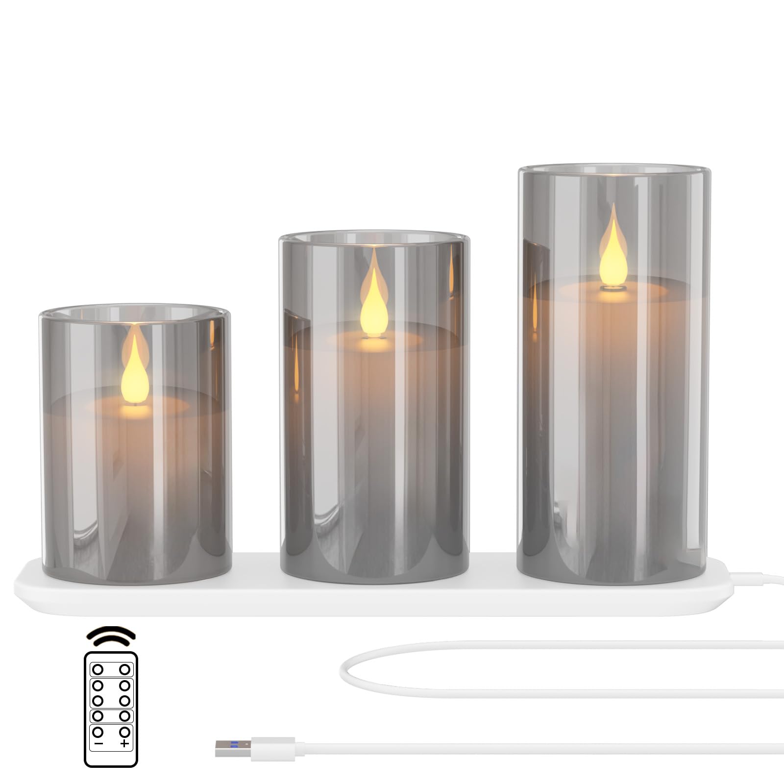 EXTSUD Rechargeable Flameless Candle, Set of 3 Flickering Glass LED Candles with Charging Base and Remote Control, Tea Lights with Timer Function for Festival Wedding Party Decoration