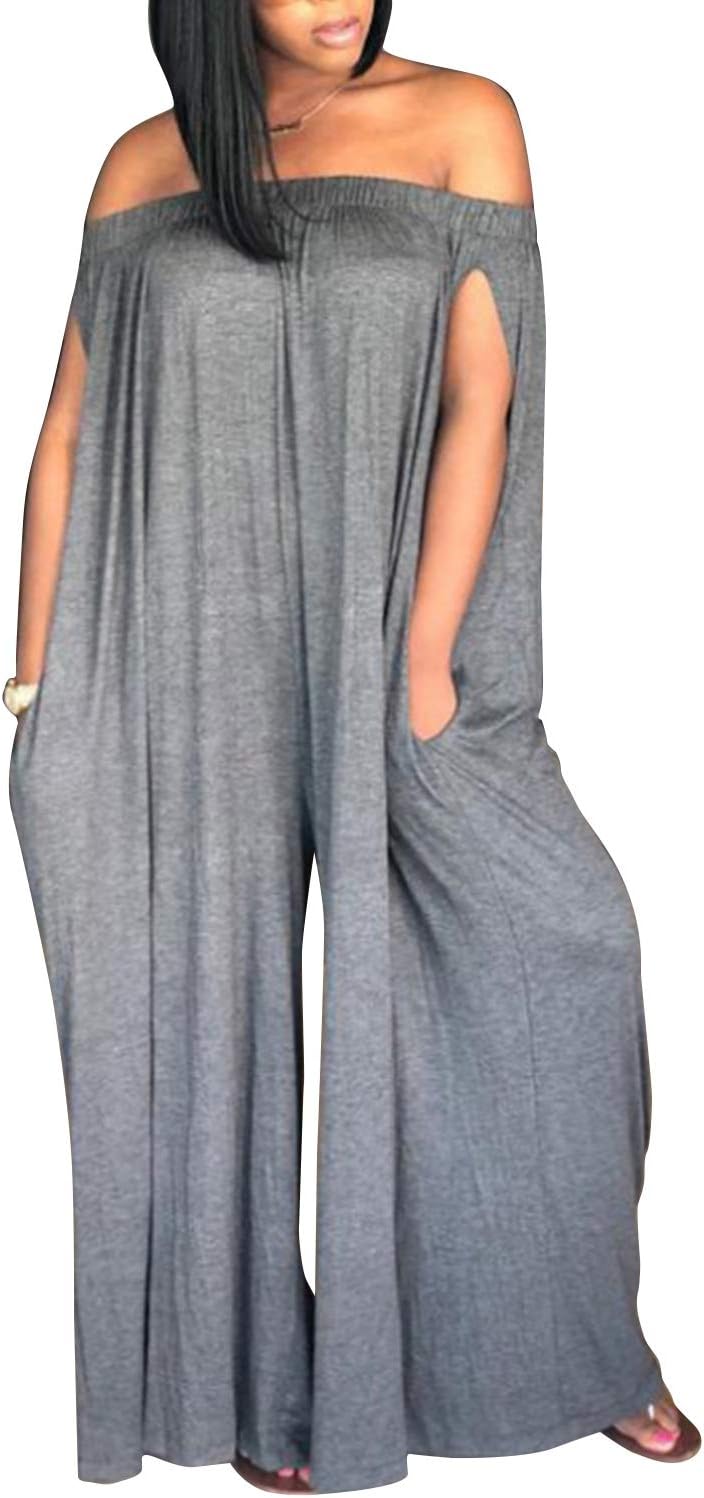BONESUN Womens Off Shoulder Loose Wide Leg Palazzo Pants Jumpsuit Long Rompers Summer Casual Plus Size