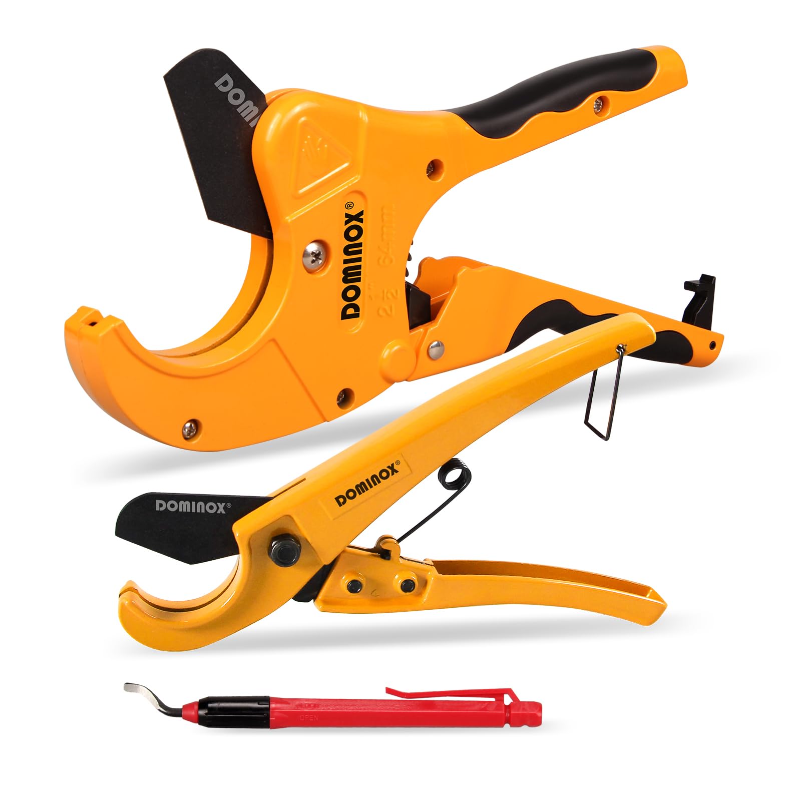 DOMINOX Pipe Cutter, 64mm (2 1/2'' O.D.) +26mm+Deburring Tool (3 Set), Professional Cutting PEX, PVC and PPR Pipe, SK5 Blade and Aluminum Alloy Body, One-Hand Rapid Cutting Tool for The Pipe