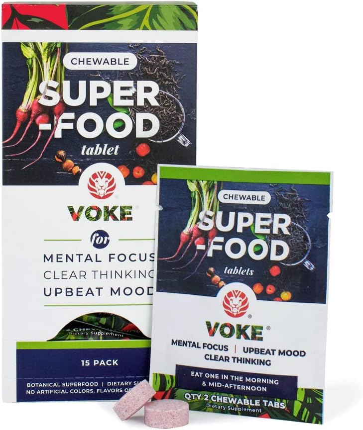 Voke Energy | Jitter-Free, All-Day Packs for Energy, Mental Focus, Upbeat Mood and Clear Thinking | 60 Chewable Superfood Tablets with Vitamin C Antioxidants | 30 Day Supply: Health & Personal Care