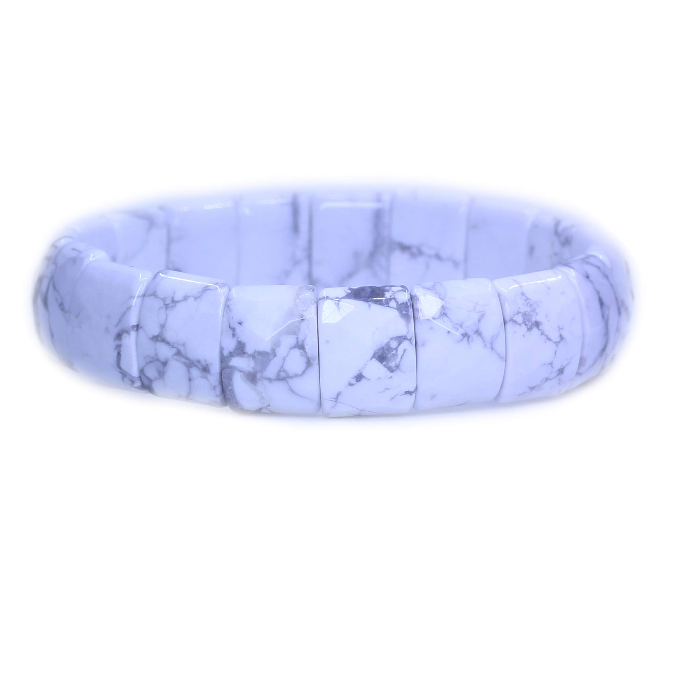 CHENYUE Natural White Howlite Gem Semi Precious Gemstone 15mm Faceted Square Grain Beads Stretch Bracelet 7.5 Inch