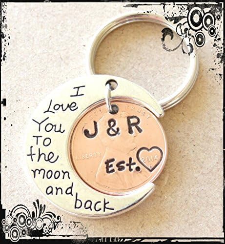 Anniversary Keychain, Anniversary gift, Initials, Penny, stamped penny, Penny Keychain, our first anniversary, I love you to the moon and back, Valentines Gift