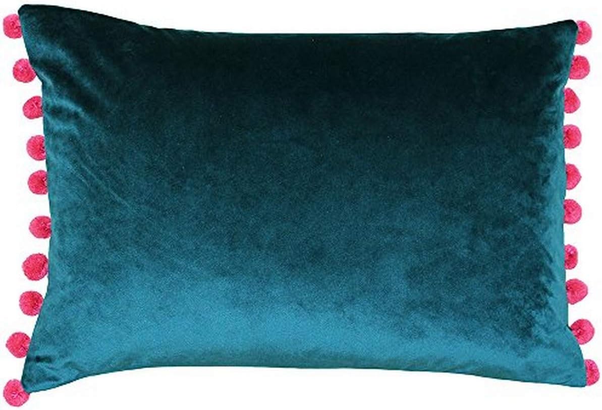 Riva Paoletti Fiesta Rectangular Filled Cushion Blue Pink Pompom Edges-Faux Velvet Fabric-Discreet Zip Closure-100 Case (14" x 20" inches)