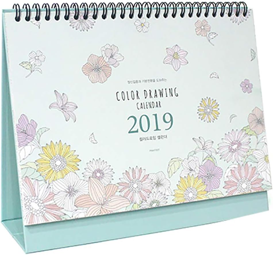 2019 Desk Calendar Coloring Flip Color Drawing Planner Colorable Colorful Easel Standing Botanica 12 Months Wire Bound Book Organizer Agenda DIY, 9.4“X7.9” (Mint)