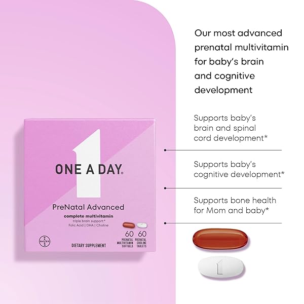 ONE A DAY PRENATAL ADVANCED- PRENATAL VITAMINS WITH FOLIC ACID, CHOLINE, DHA & IRON, PREGNANCY VITAMINS FOR WOMEN TO SUPPORT BABY’S DEVELOPMENT, 60+60 CT (120 TOTAL SET) (PACKAGING MAY VARY)