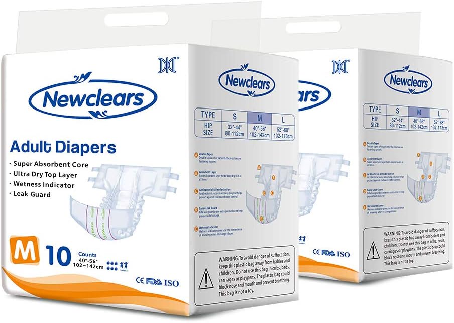 Newclears Adult Diapers with Tabs for Incontinence Care, Maximum Absorbency for Disability Postnatal Patient Bedridden Care, 10 Count/Pack, 2 Pack, M
