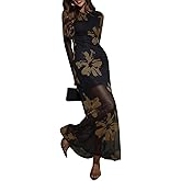 Verdusa Women's Floral Mesh Maxi Dresses Elegant Formal Long Sleeve Spring Wedding Guest Dress Cocktail