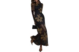 Verdusa Women's Floral Mesh Maxi Dresses Long Sleeve Elegant Formal Fall Wedding Guest Dress Cocktail Slimming Dress