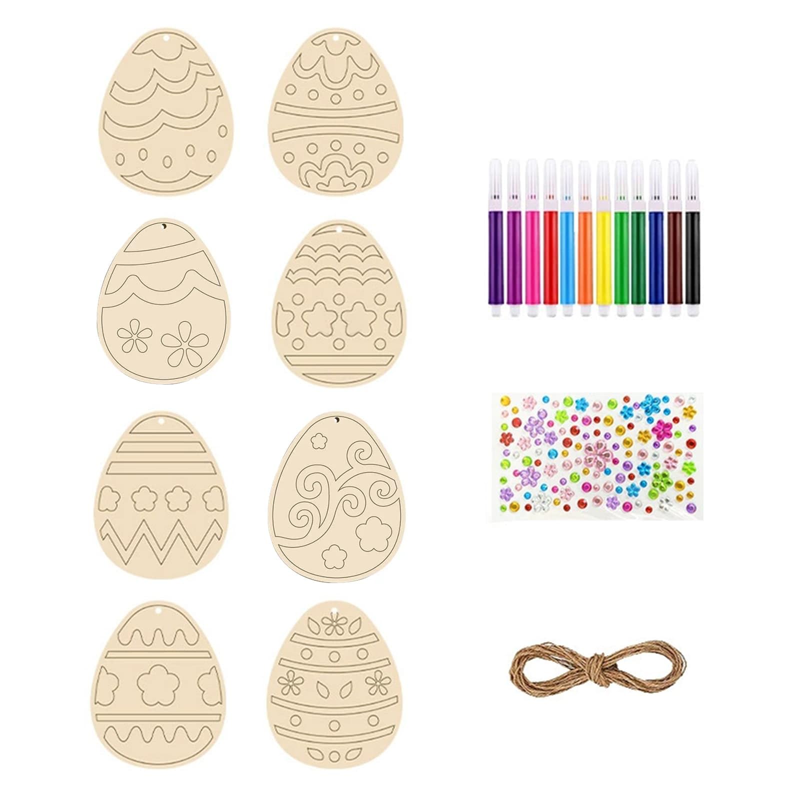 DYUEE Easter Egg Crafts Kits Cute Decoration Kit, 32 Pack DIY Easter Egg Painting, Wooden Pieces, Small Pendants， Watercolor Pens, and Plum Blossom Diamonds, DIY Arts and Crafts