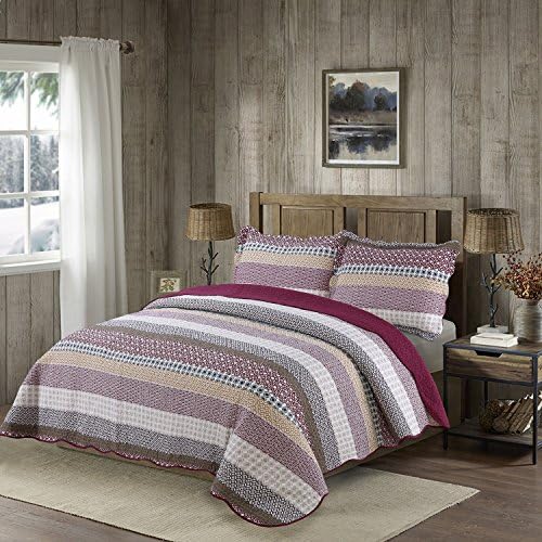 vivinna home textile Cotton Bedspread Coverlet Set Red Comforter Oversized 3-Piece Quilt Set (Stripe, King:106"X96")