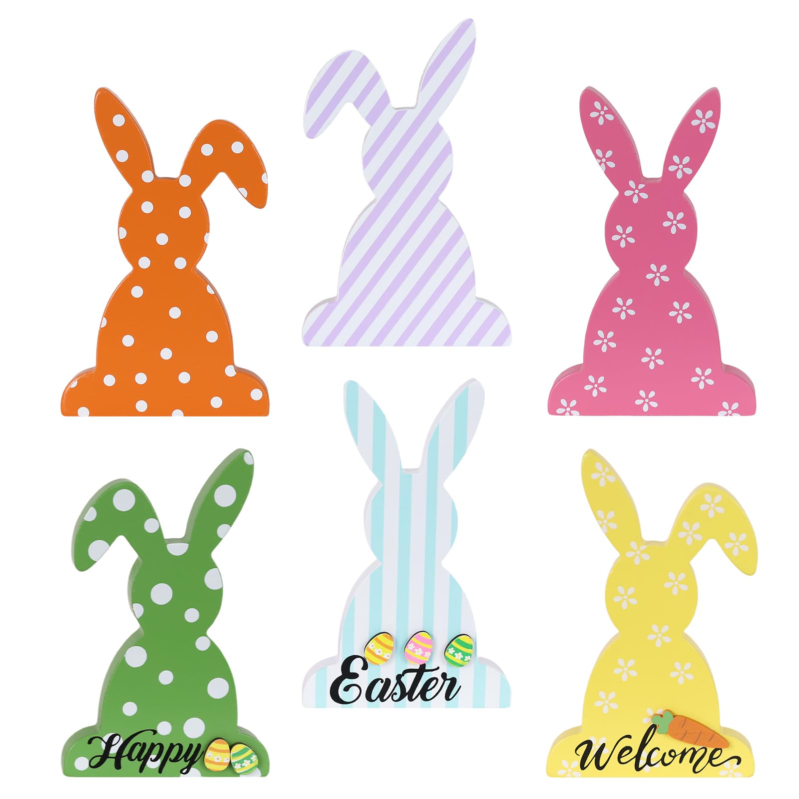 DEWBIN Easter Decorations, 6 PCS Bunny Farmhouse Wood Block Easter Decor, Welcome Sign Bunny Family Centerpieces Decorations Indoor for Living Room, Tables, Mantel