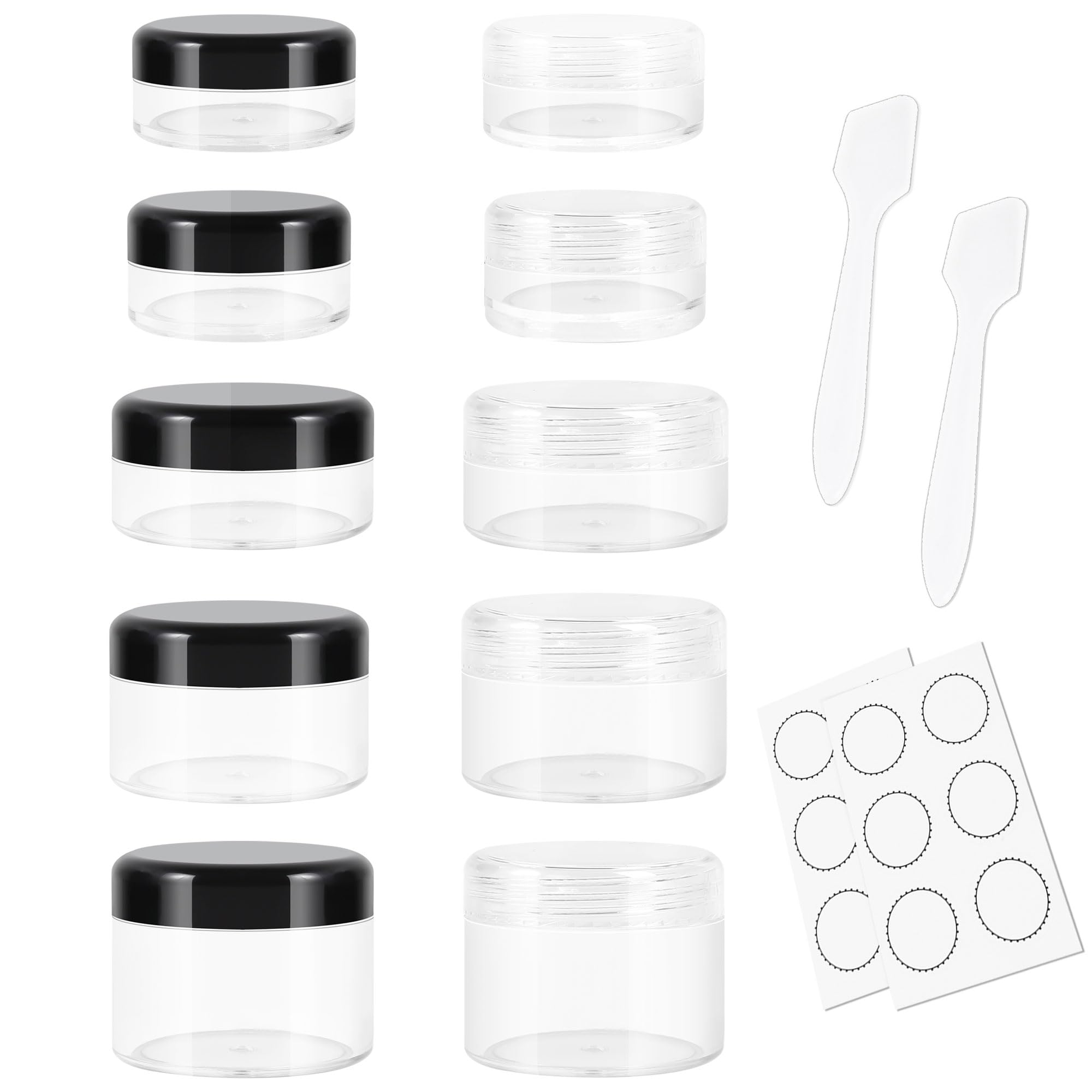 Photo 1 of Plastic Makeup Containers - Clear & Black, 10 Travel Containers (3/5/10/15/20 Gram), Screw Lids, Includes 12 Labels & 2 Mini Spatulas