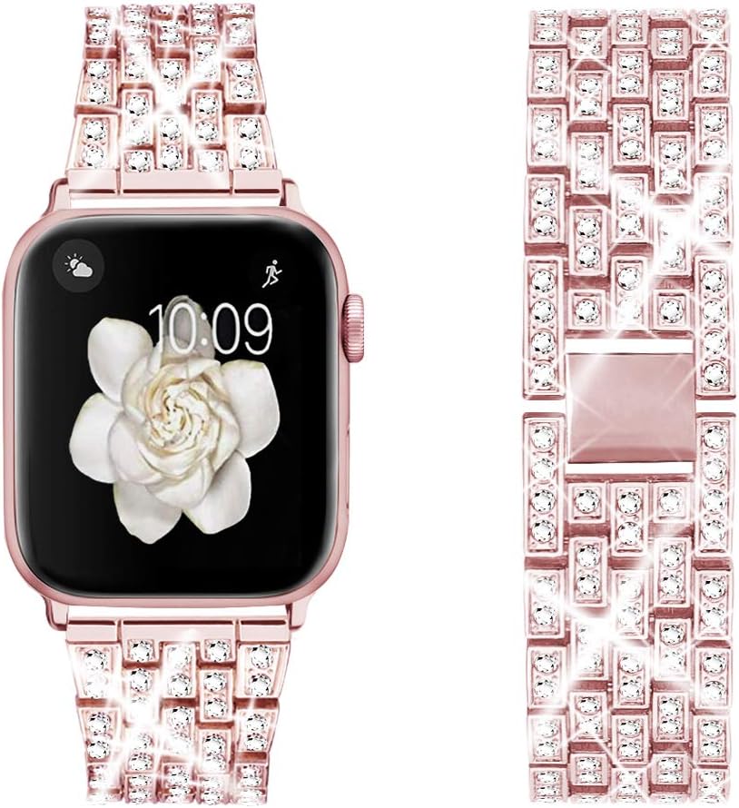 Dsytom Bing Band Compatible with Apple Watch Band 42mm 44mm 45mm,Jewelry Replacement Metal Wristband Strap for iWatch Band Series Ultra 2 9/8/7/6/5/4/3/2/1/SE Ultra(Rose Pink)