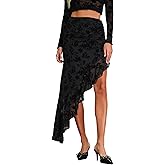 AGECODE Women's High Waisted Asymmetrical Ruched Mesh Flowy Ruffle Trim Midi Long Skirt