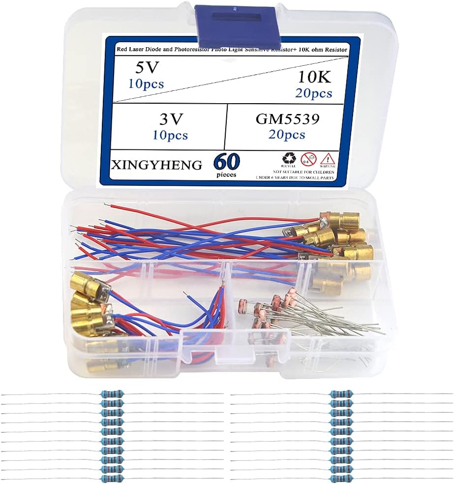 BGTXINGI 60pc Mini Red Laser Diode Modules Photoresistors 10K Resistors Kit