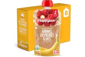 Happy Baby Organics Clearly Crafted Stage 2 Baby Food Bananas Raspberries & Oats, 4 Ounce Pouch Resealable Baby Food Pouches, Fruit & Veggie Puree, Organic Non-GMO Gluten Free Kosher (Pack of 8)