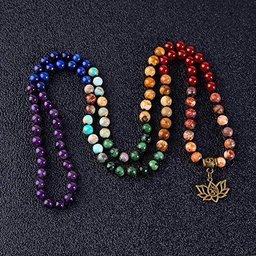Bivei 7 Chakra 108 Mala Beads Bracelet Real Healing Gemstone Yoga Meditation Hand Knotted Mala Prayer Bead Necklace(Lotus OM) - Thumbnail 2