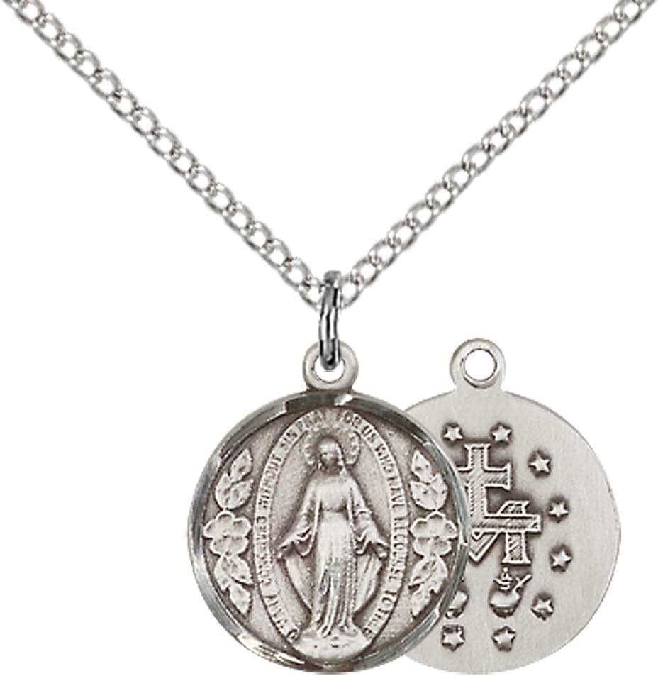 F A Dumont Sterling Silver Miraculous Pendant with 18" Stainless Steel Lite Curb Chain.