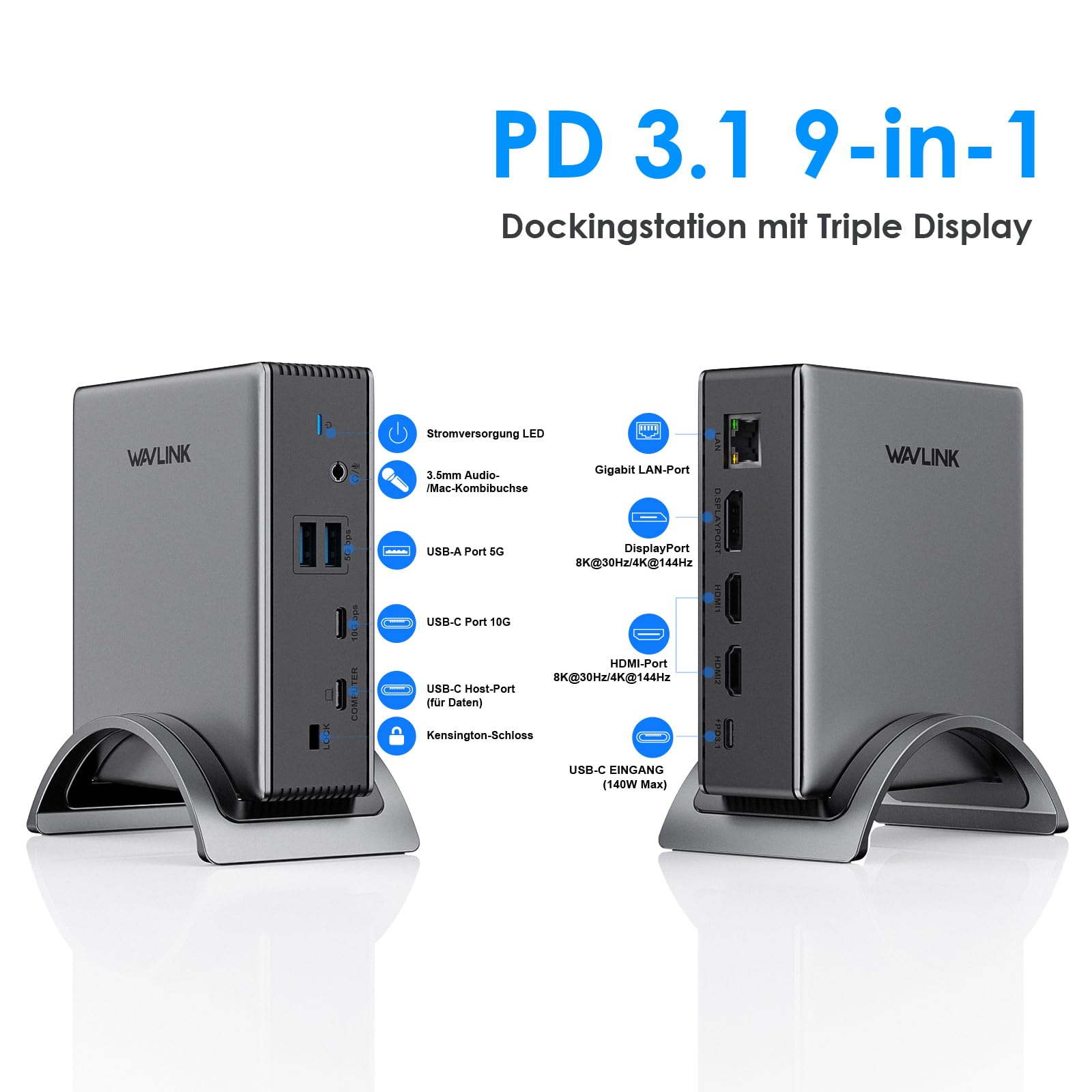 Laptop Docking station, WAVLINK PD3.1 Docking station für 3 Monitore mit 4K@144Hz, 2*HDMI + DP, 140 W PD-Aufladung, USB-C 10 Gb, USB-A 5 Gb, Gigabit-Ethernet, Audio/Mikrofon für Windows-Systemcomputer 2