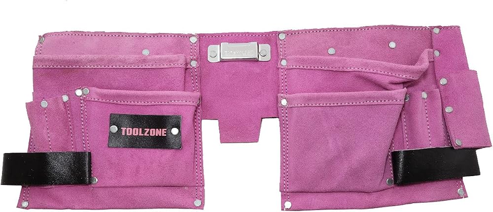 Toolzone 11 Pocket Pink Double Leather Tool Pouch w/ Tape Hammer Holder