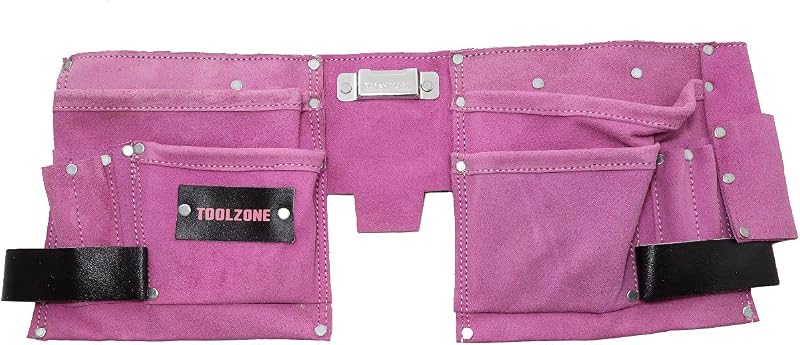 Toolzone 11 Pocket Pink Double Leather Tool Pouch w/ Tape Hammer Holder