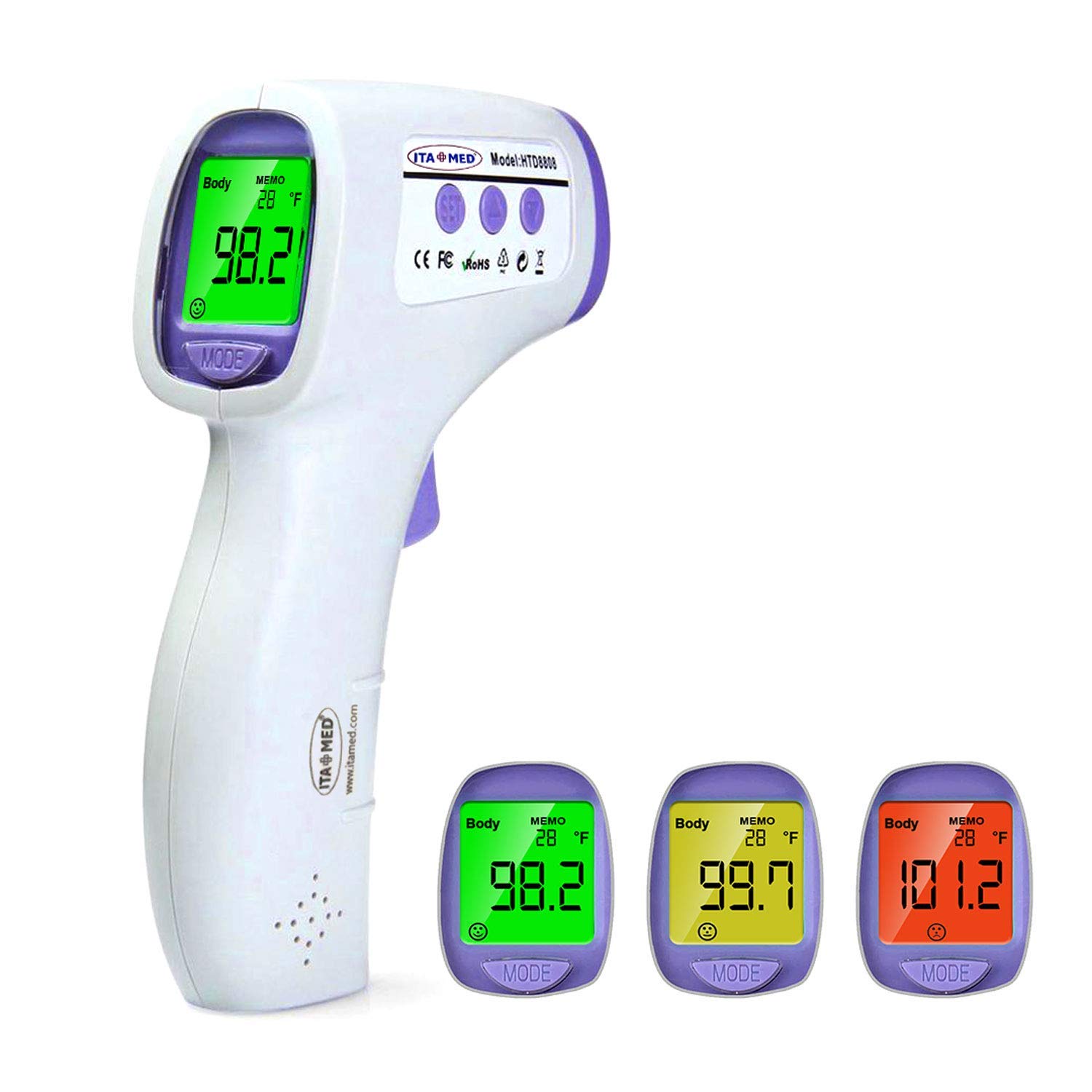 ITA-MED Non-Contact Forehead Thermometer with Dual Surface & Body Modes, for Kids and Adult with Fever Alarm, Memory Function and Advanced Infrared Sensor for Distance Reading (Batteries Included)