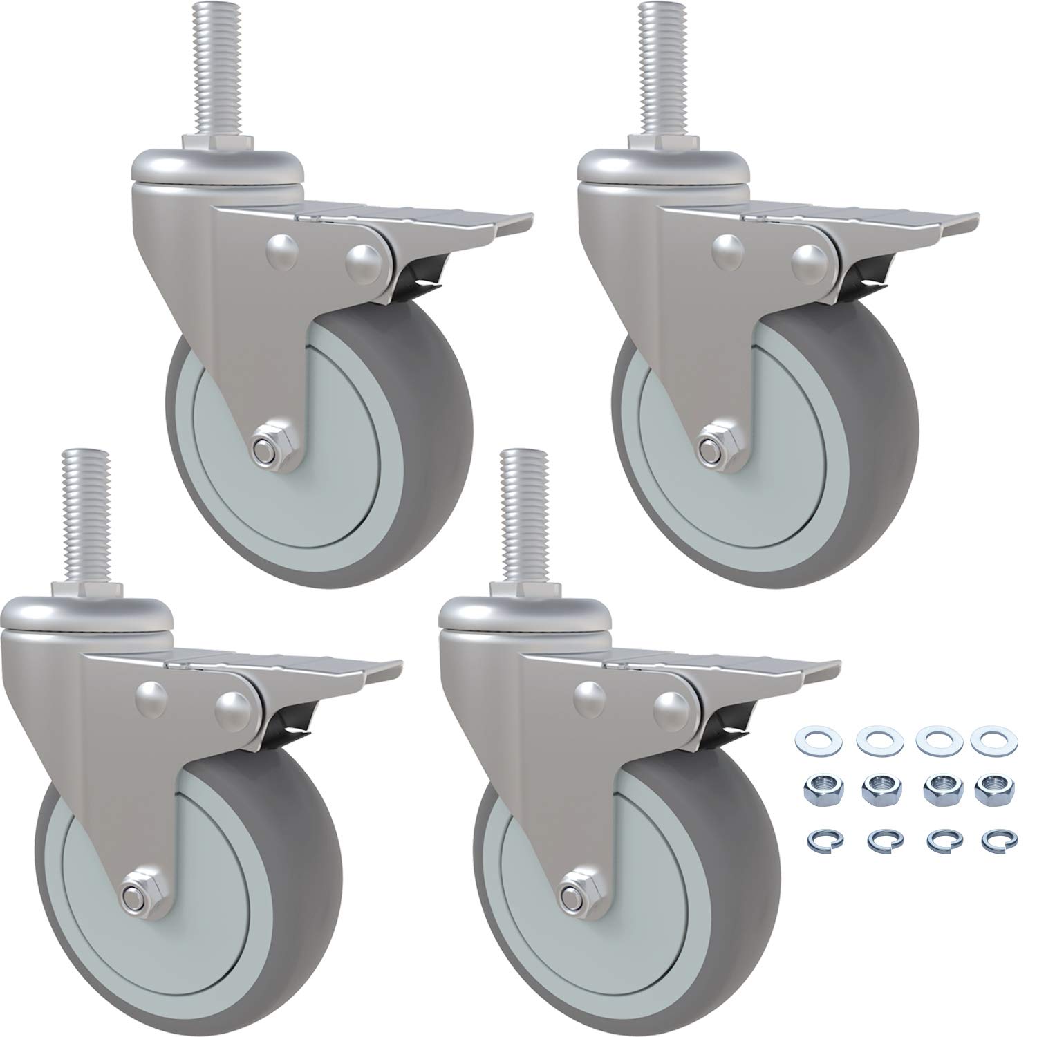 Mysit Castor Wheels,3 Inch Rubber Heavy Duty Caster Wheels Set of 4,Dual Locking Castors for Furniture,M12x 1-3/16" Threaded Stem Industrial Casters