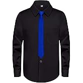 MagicSite Boys Long Sleeve Button-Down Dress Shirts with Tie: 2 Fabrics (Stretch/Standard) & 2 Fits (Regular/Husky)