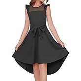 grewley Girls Dresses Summer Ruffle Sleeve Mesh A Line Casual Party Dresses Belted Dress with Pockets 5-14 Years