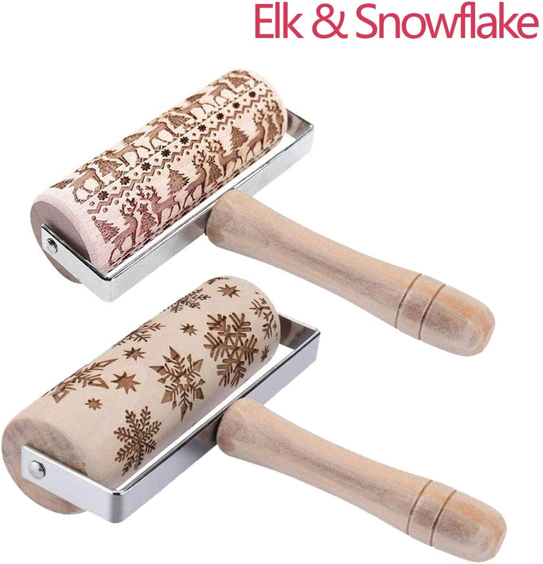 Set of 2 Wooden Rolling Pins With Embossing Pattern, Natural Wood Rolling Pin For Christmas Cookies Baking Cookies Pastry Pizza, Elk &Snowflake