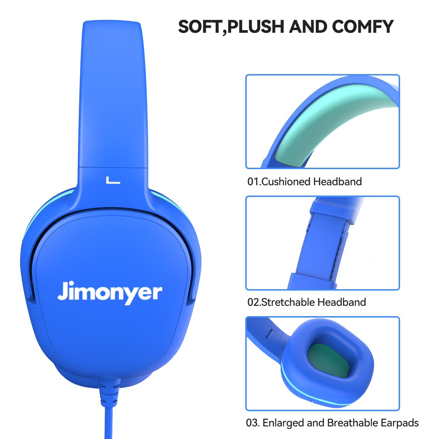 Kids Headphones for School, 3.5mm Jack Wired Headphones for Kids with Safe Volume Limiter, HD Stereo Sound On-Ear Girls Boys Toddler Headphone for Tablet, iPad, Kindle(Blue)