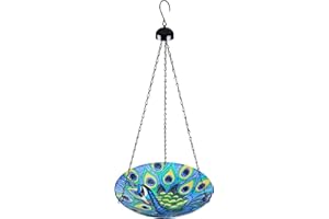 VCUTEKA Hanging Bird Bath Outdoor Glass Bird Bath Bowl Small Bird Feeder for Patio,Garden,Yard Peacock 11 inch Peacock Sunflo