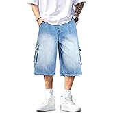 TANDAGI Men Baggy Jean Shorts Streetwear Denim Shorts Cargo Stretch Waist Jorts 15 Inch Inseam Washed Light Blue 44