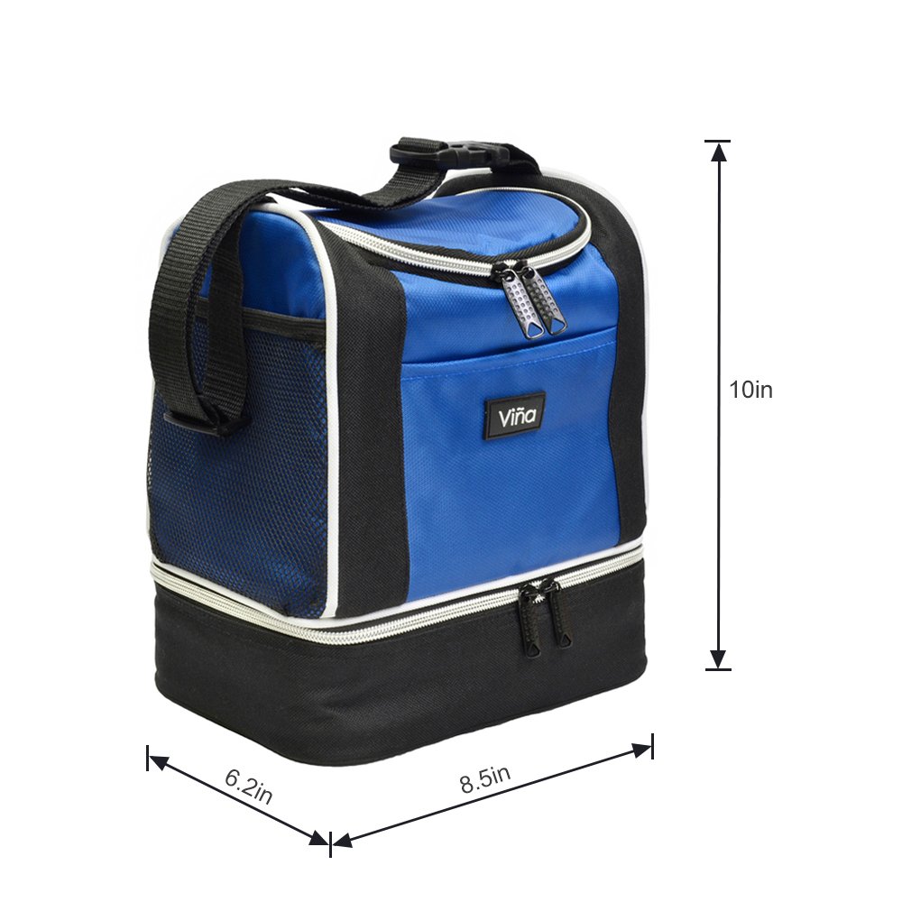 Vina Insulated Lunch Bag, Dual Compartment Reusable Bento Lunch Box Cooler Tote with Shoulder Strap for Adult and Kids, Blue