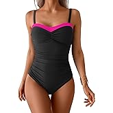 Aidonger One Piece Swimsuit Tummy Control Color Block Bathing Suits for Women Ruched Slimming Swim Suit Tie Back