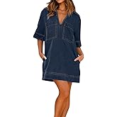 loveimgs Womens Summer Casual Denim Dress Short Sleeve V Neck Distressed Jean Dresses Mini Shirt Dress