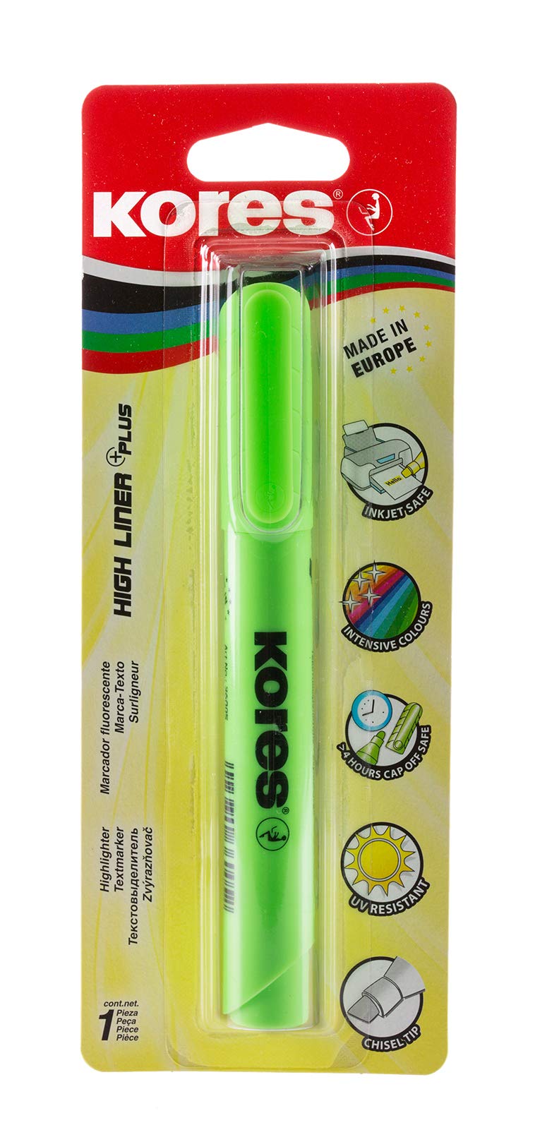 Kores - Green Highlighter Pen - High Liner Plus, Fluorescent, Water Based-Ink Highlighter Pen with Ergonomic Shape - Stationery School Supplies, Office Supplies - Single Pack