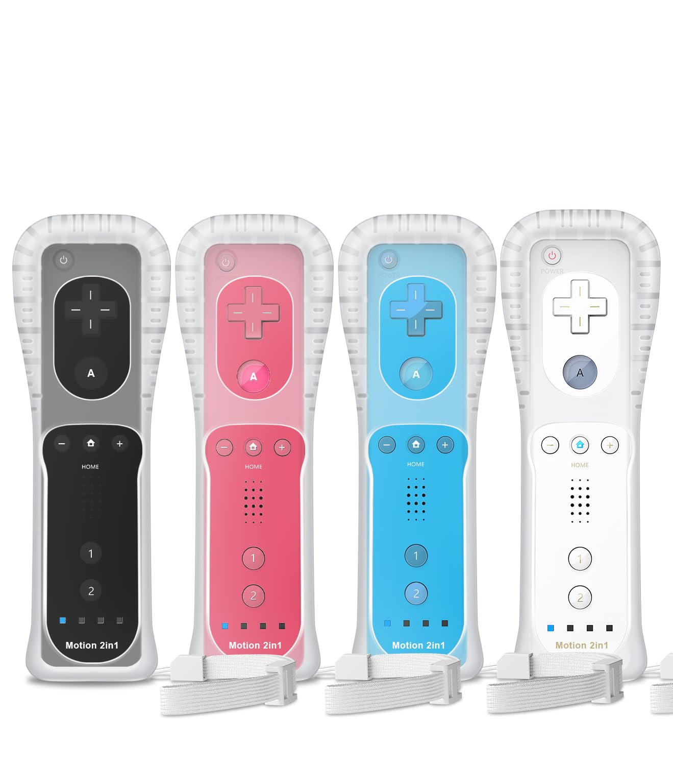 Gamrombo 4 Pack Motion Plus Wii Controller, Compatible with Wii/Wii U with Silicone Case and Wrist Strap (White, Black, Pink, Blue)