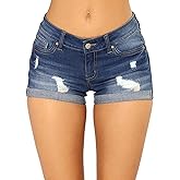 Blostirno Women's Casual Mid Rise Waisted Denim Shorts Raw Hem Ripped Stretchy Jean Short Pants with Pockets