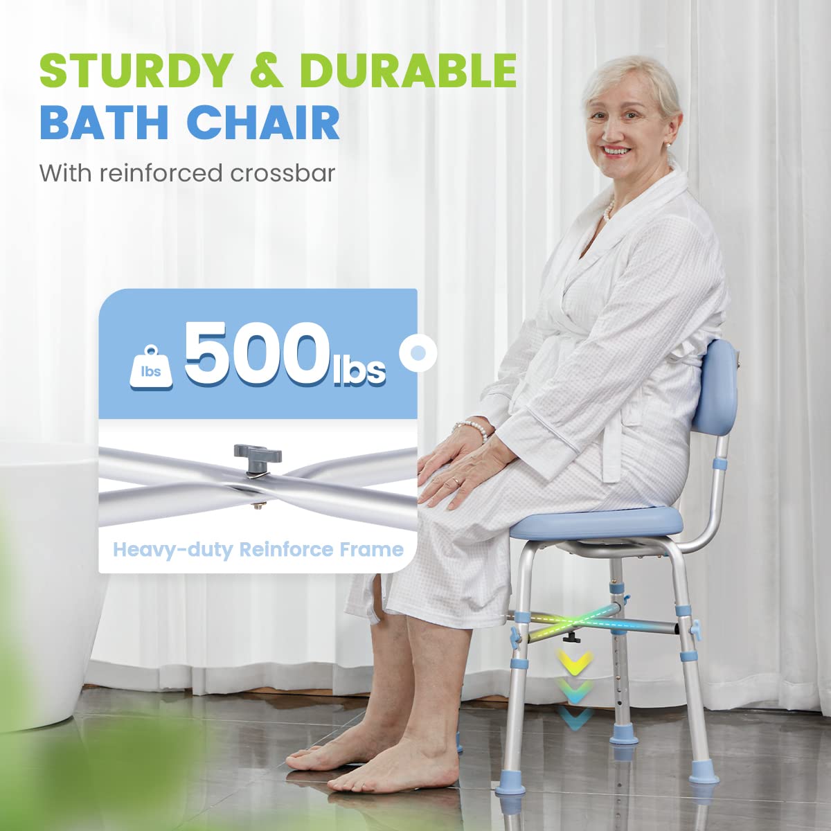 OasisSpace Heavy Duty Shower Chair with Back 500lbs, Padded Bathroom Chair for Inside Shower - Medical Tool-Free Anti Slip Shower Chair for Elderly, Senior, Handicap & Disabled
