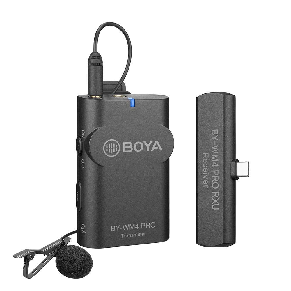 Boya BY-WM4 Pro Kit 2.4GHz Smart Phone Wireless Transmission Recording Microphone with USB Type-C Connector for Android devices – Kit includes 1x Receiver & 1x Transmitter (BYWM4PROK5)
