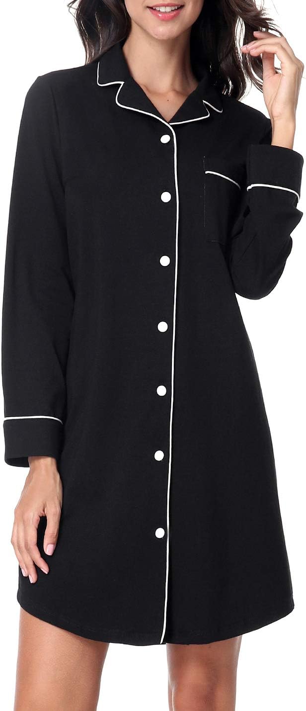 Pajama Dress for Women Long Sleeve Nightshirts Cotton Button Doun PJ Nightgowns XS-XL