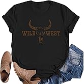 Boho Cow Skull Shirt Women Bull Skull Graphic Cowboy Shirt Wild West Cowgirl Tee Tops
