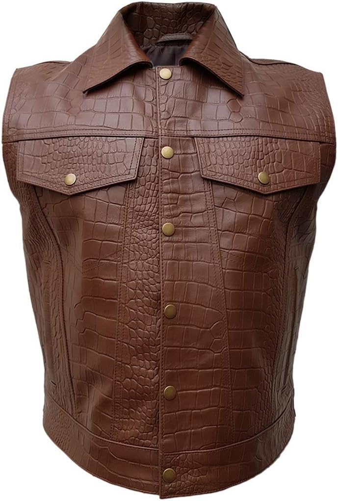 Brown Leather Body Warmer Mens Vest in Alligator Print - Leather Jacket Waistcoat Men Crocodile Print Waistcoat Motorbike Jackets for Men