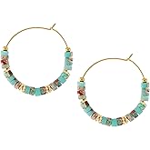 MINACHI Boho Mixed Color Stone Bead Hoop Earrings, Handmade Gold Tone Hippie Chunky Hoops Earrings For Women
