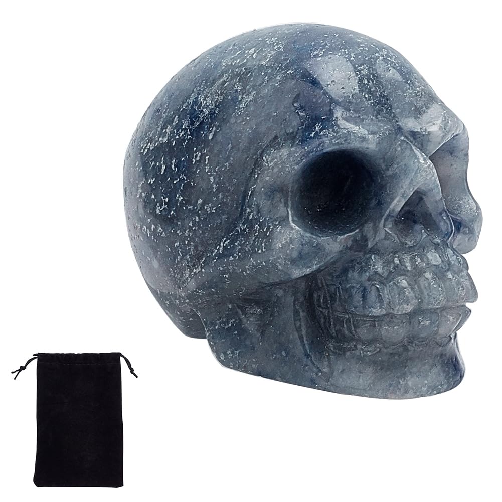 SUNNYCLUE Skull Statue Crystal Stone Mini Reiki Healing Quartz Stone Figurines Decor Human Skeleton Sculpture Natural Gemstone Carved for Home Halloween Party Decorations, Blue Aventurine