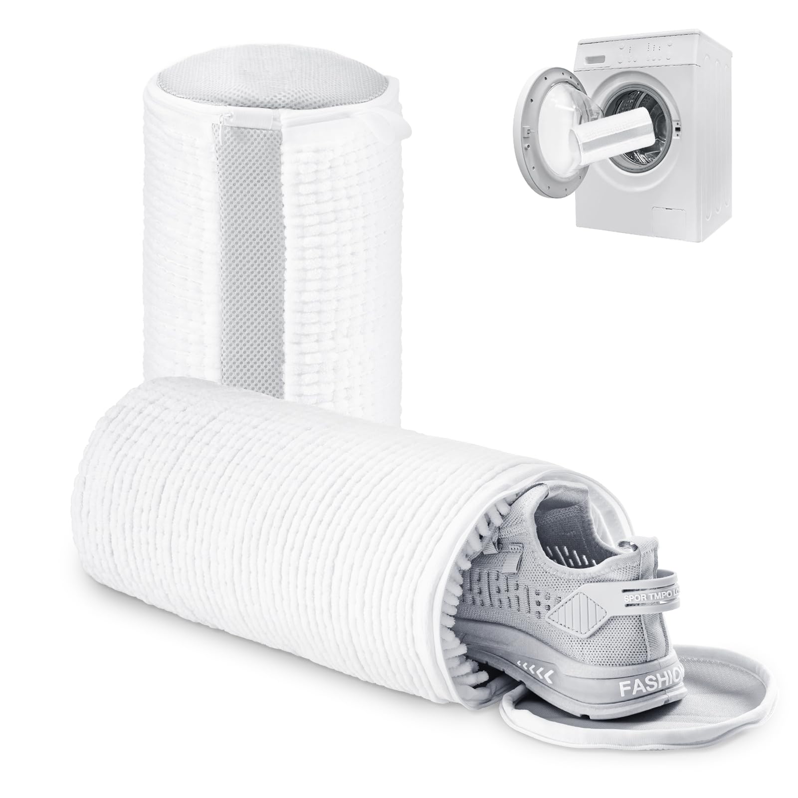 Photo 1 of Teletrogy 2PCS Reusable Shoe Wash Bags, White, Zipper Closure, Basic Style, 6.3" Diameter x 13" Length, Fits Most Shoe Sizes, Tearproof, Foldable, Expandable, Water Resistant