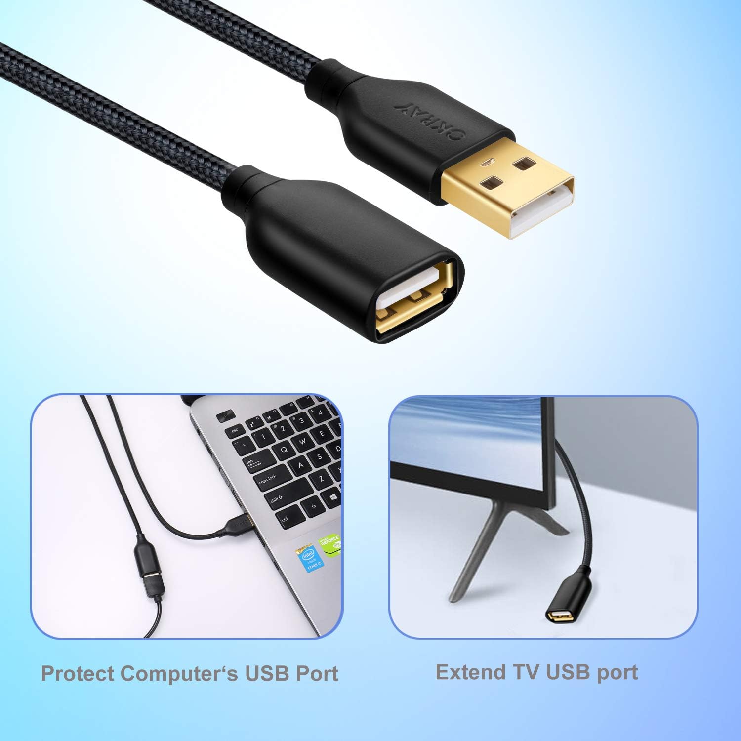 OKRAY 5 Pack Nylon Braided USB 2.0 Extension Cable Extender Cord - A Male to A Female with Gold-Plated Connector - 6 Feet (1.83M) (All Black): Computers & Accessories