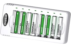 Granicell Rechargeable AA and AAA Batteries with 8 Bay Smart Charger,4 Pack AA 2800mAh & 4 Pack AAA 1100mAh Low self Discharge NiMH Battery
